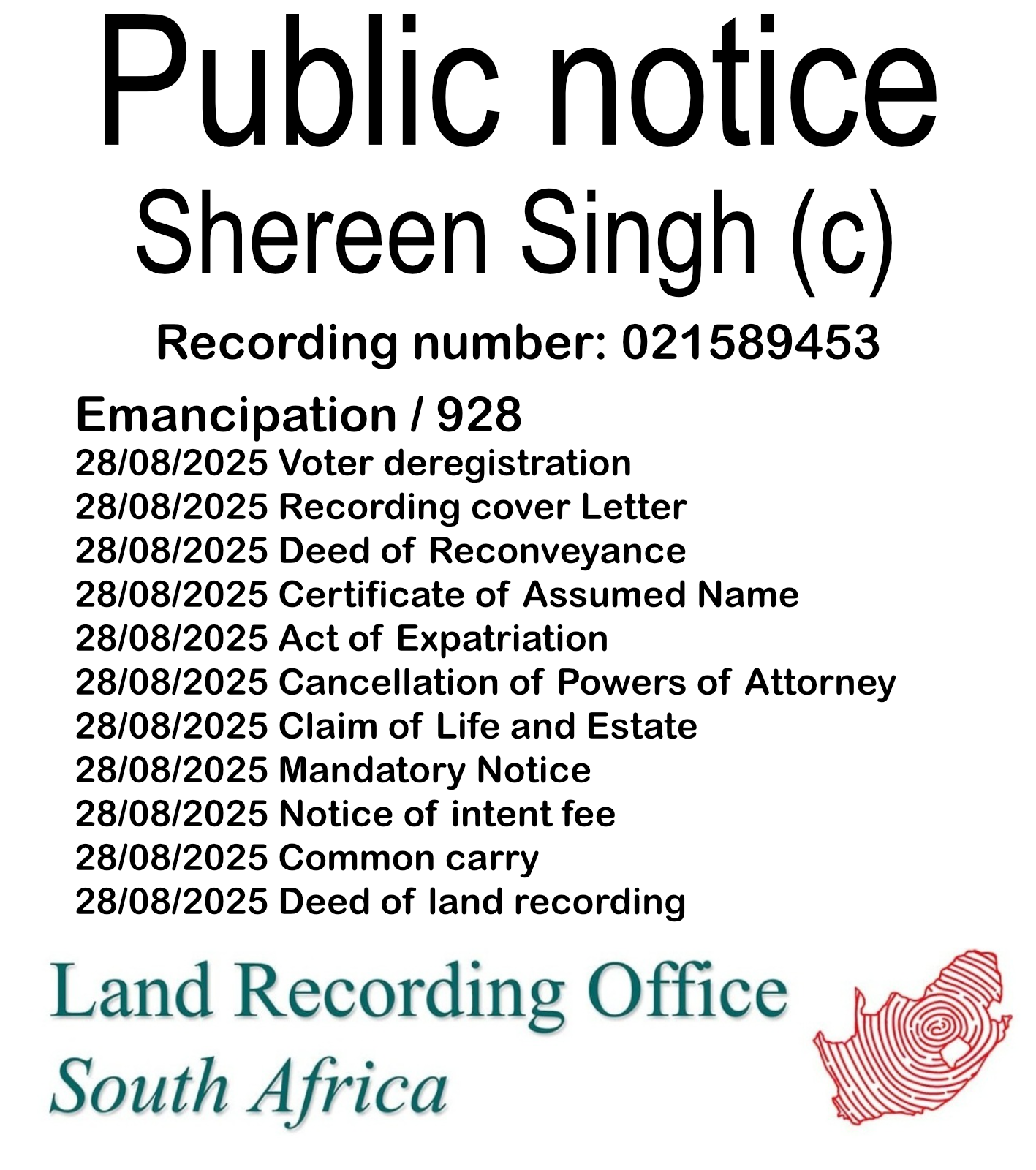 Public Notice Shereen Singh Recording Number 021589453